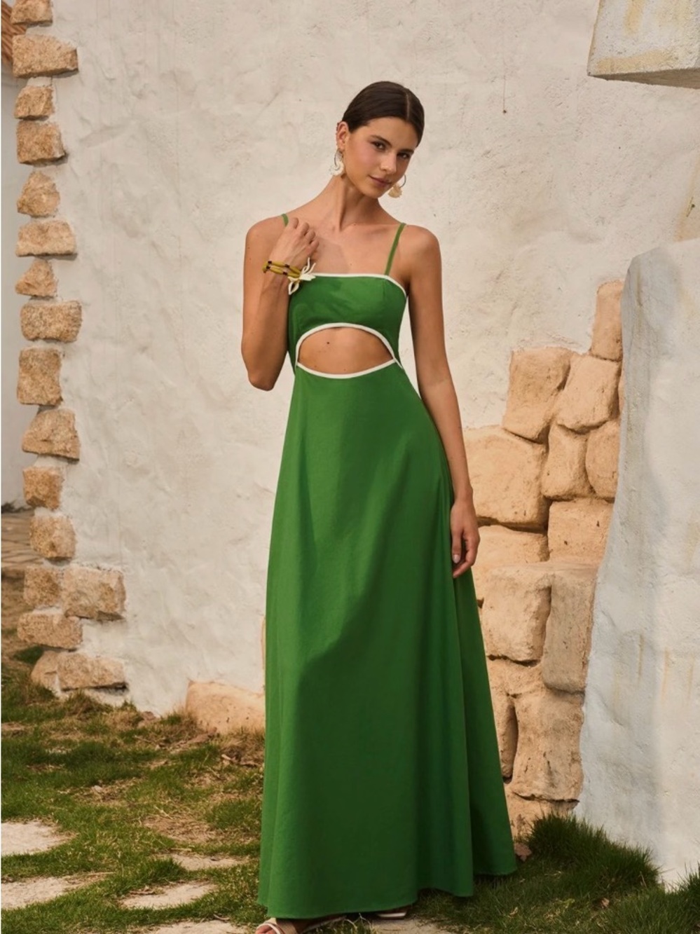 Commense Green Cutout Maxi Dress with White Trim